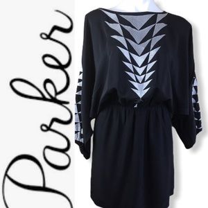 PARKER 100% Silk Geometric Embroidery Mini Dress